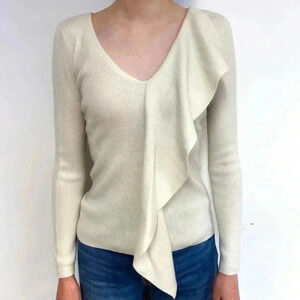 ❤️Host Picks❤️[XS] Club Monaco 100Cashmere Cream Frill detailed V Neck  Sweater